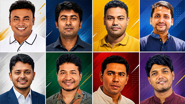 ছবিতে উপরে ডান থেকে আমান উল্লাহ আমান, মনজুরুল রিয়াদ, মমিনুল ইসলাম জিসান ও ইব্রাহিম খলিল; নিচে বাঁ থেকে রাজু আহমেদ, গণেশ চন্দ্র রায় সাহস, নাহিদুজ্জামান শিপন ও আবিদুল ইসলাম খান। ছবি: সংগৃহীত
