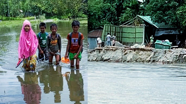 ‎হাঁটুপানি মাড়িয়ে স্কুলে শিক্ষার্থীরা; তিস্তার ভাঙনে প্রতি মুহূর্তে হারাচ্ছে ঘরবাড়ি